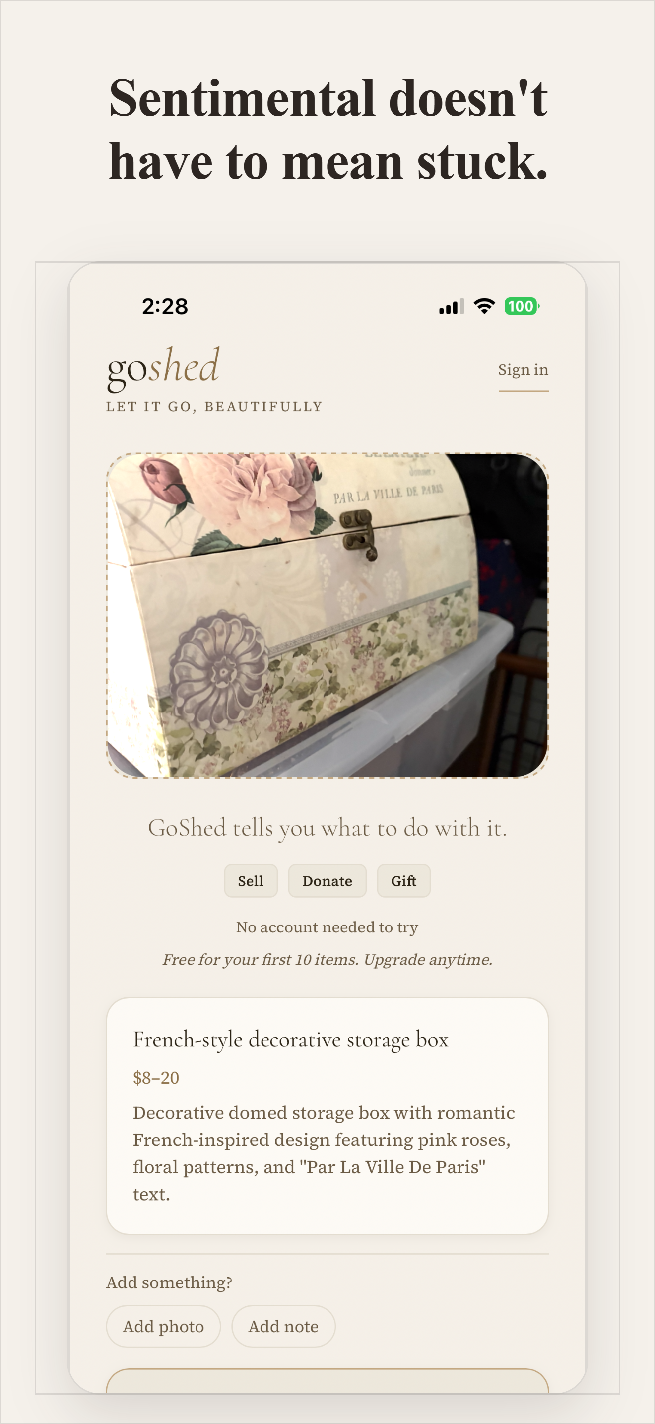 GoShed analyzing a sentimental decorative box