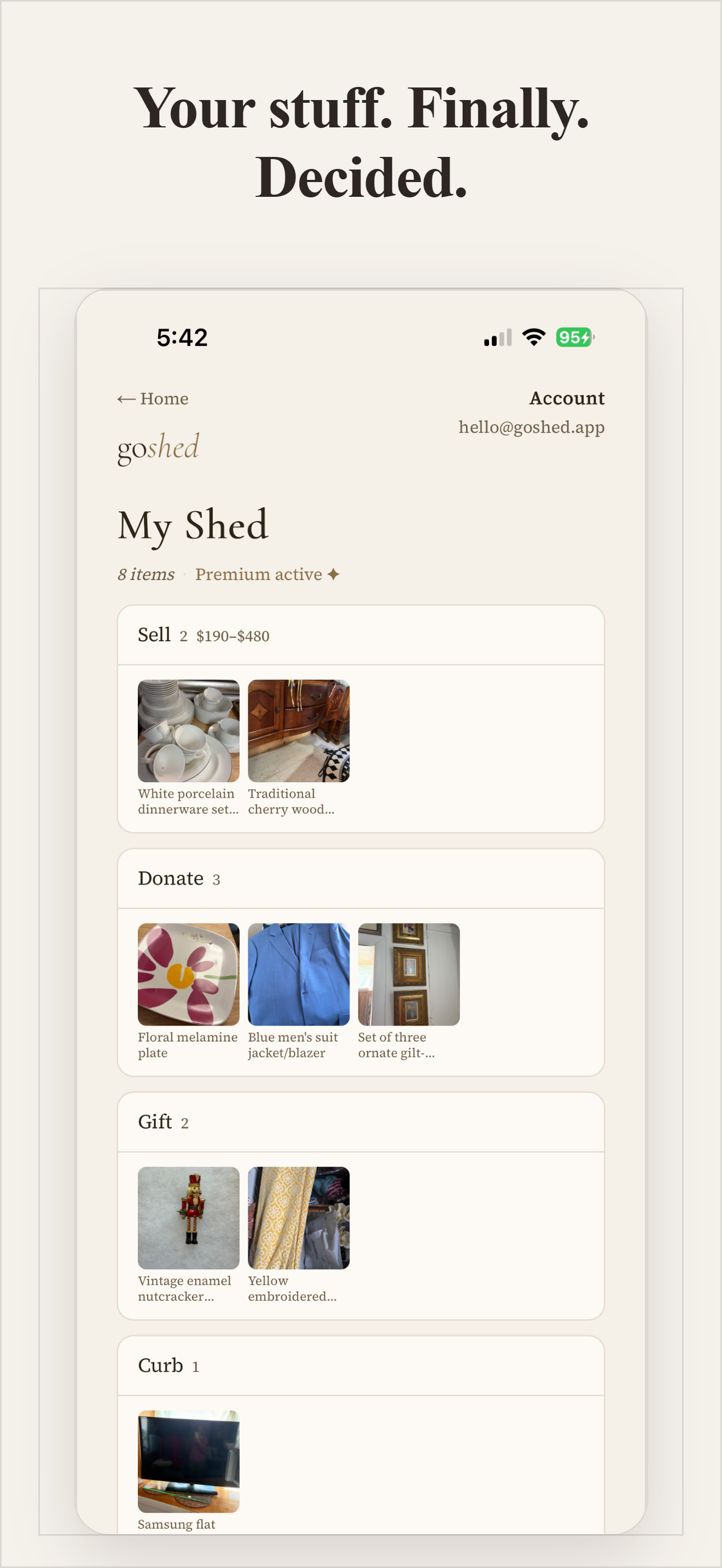 My Shed — items organized by category