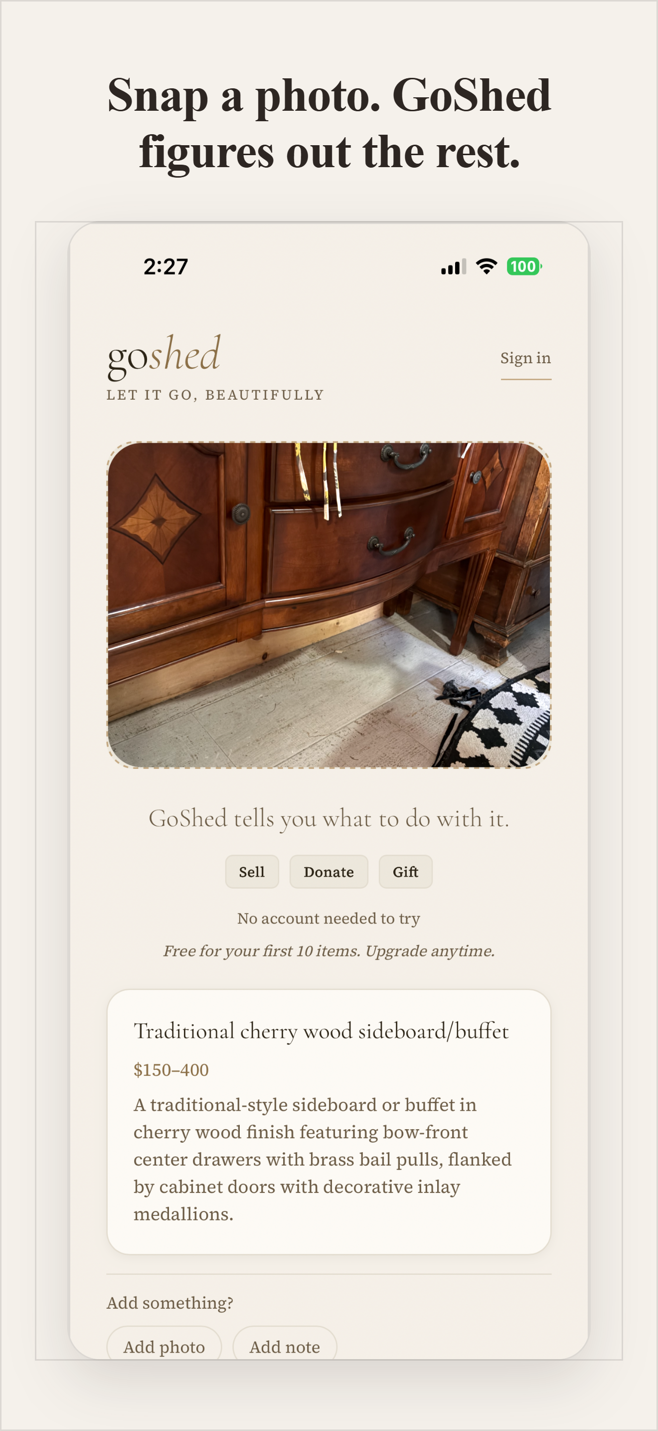 GoShed identifying a cherry wood sideboard